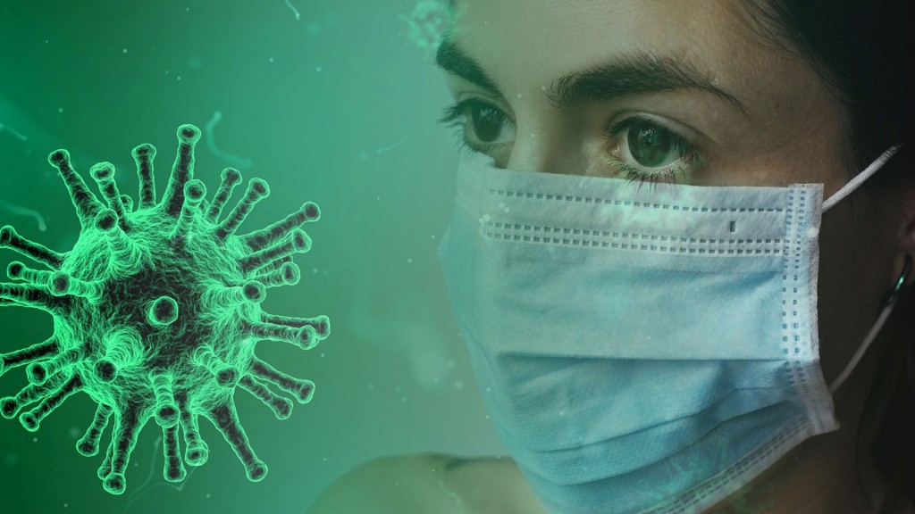 Grafik : Corona-Virus und Frau mit Maske (Foto: pixabay/Tumica)