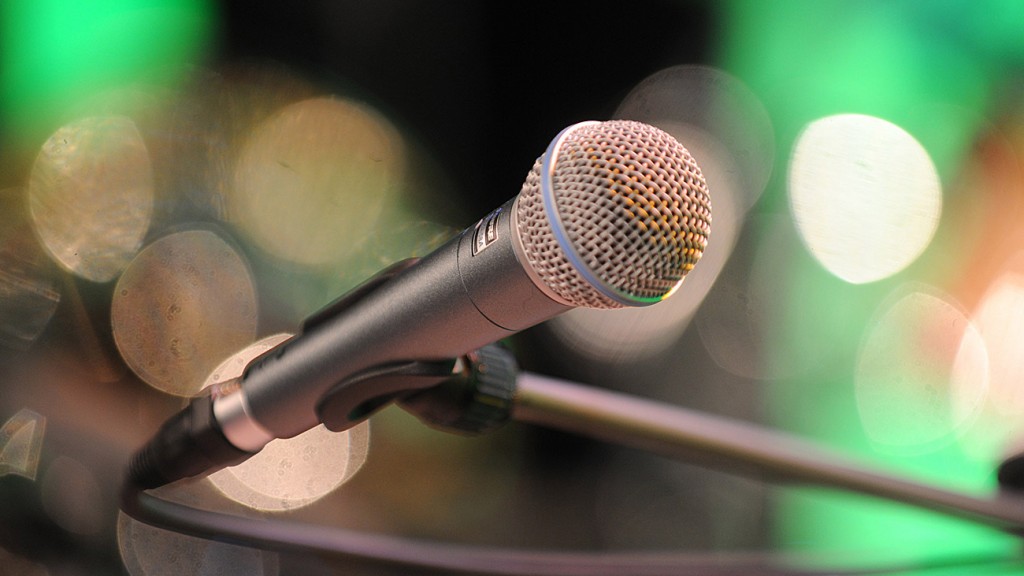 Ein Mikrofon vor grün-schillerndem Hintergrund