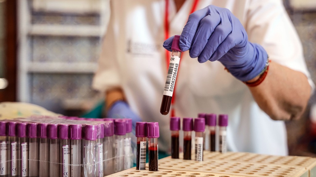 Foto: Eine Krankenschwester sortiert Probenröhrchen mit Blutspenden