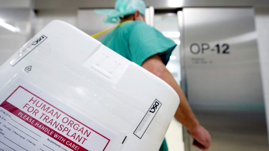 Ein Styropor-Behälter zum Transport von zur Transplantation vorgesehenen Organen wird zum Eingang eines OP-Saales getragen