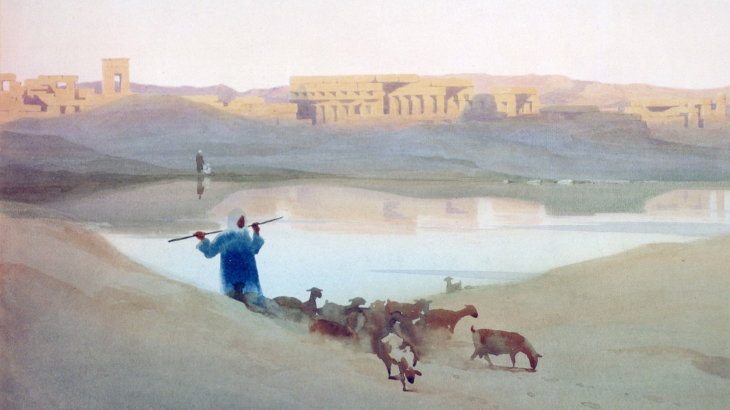 Ein Aquarell des Künstlers Robert Talbot Kelly. Schafhirten in der Wüste.