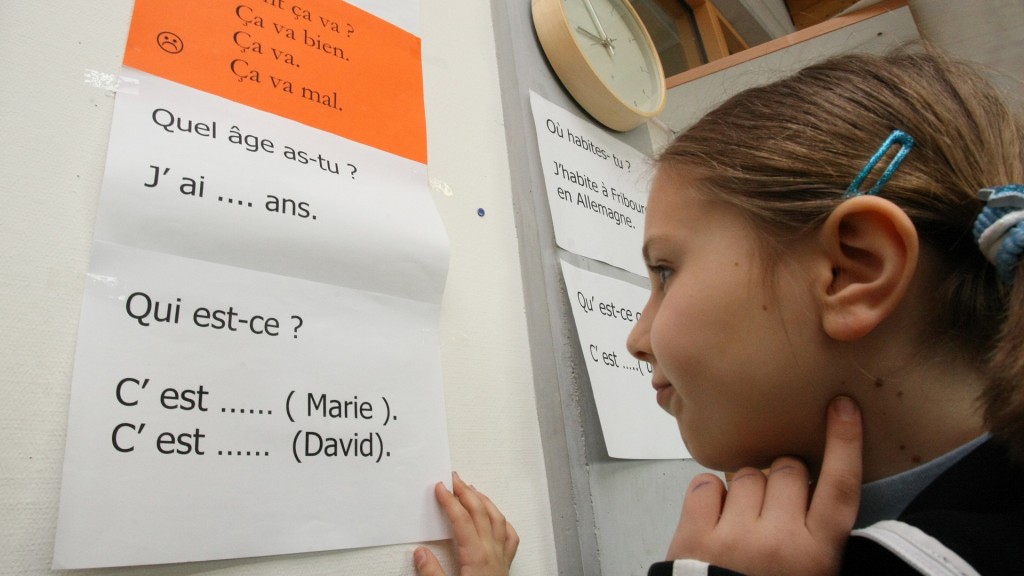 Eine Viertklässlerin Steht im Französischunterricht vor einem Plakat 