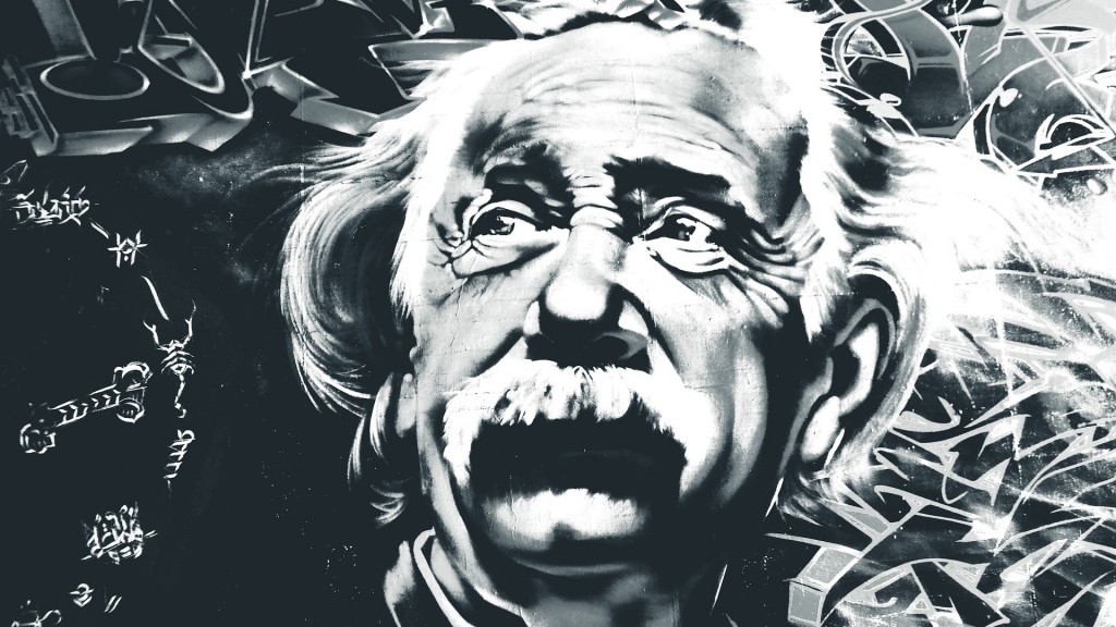 Ein schwarzweißes Graffiti von Albert Einstein