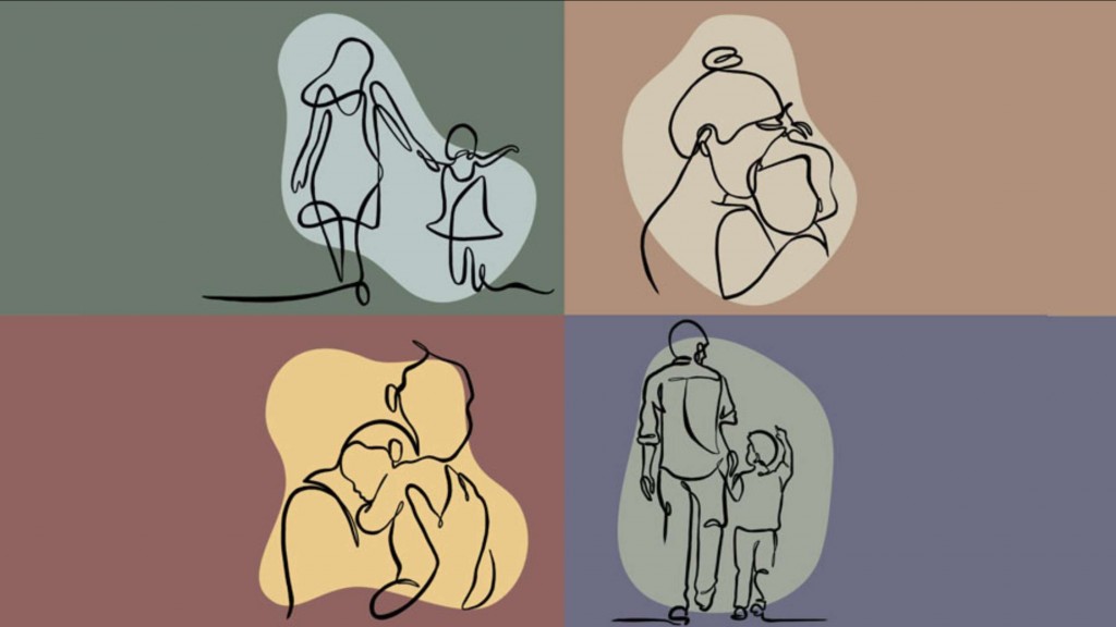 Vier Linienzeichnungen vor farbigen Hintergründen, die Eltern mit ihren Kindern zeigen