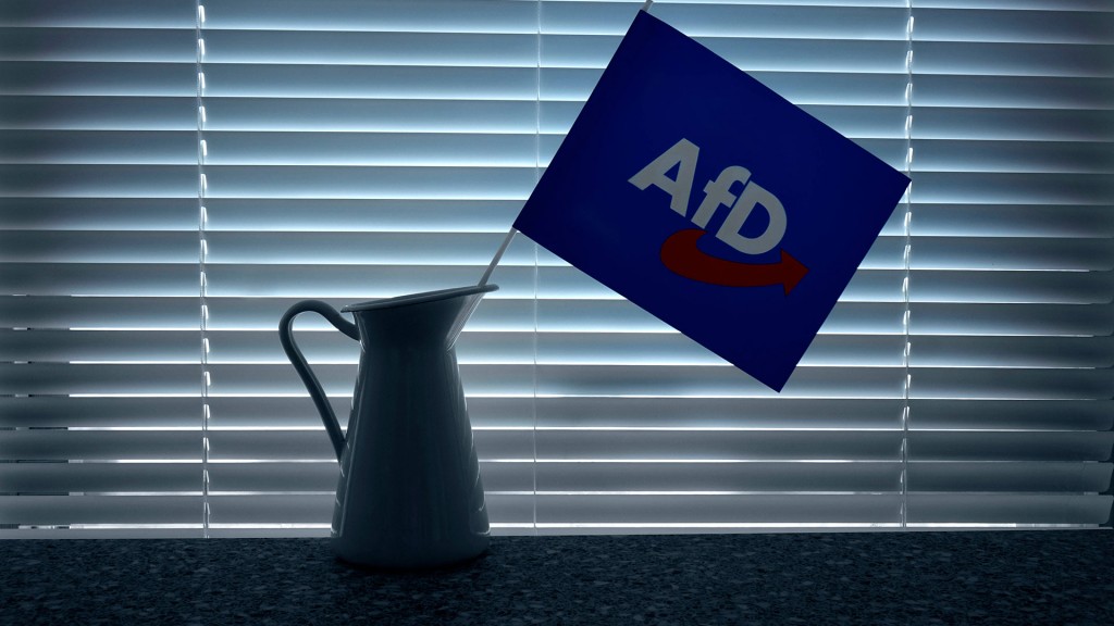 AfD-Fahne vor einer geschlossenen Jalousie