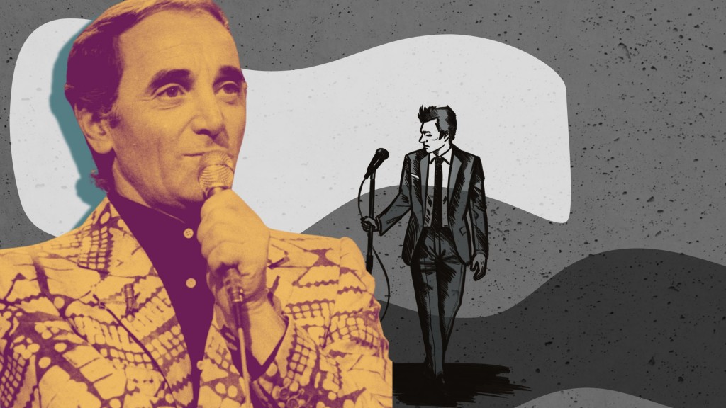 Ein illustriertes Foto von Charles Aznavour, davor kleiner eine Illustration eines Chanson-Sängers