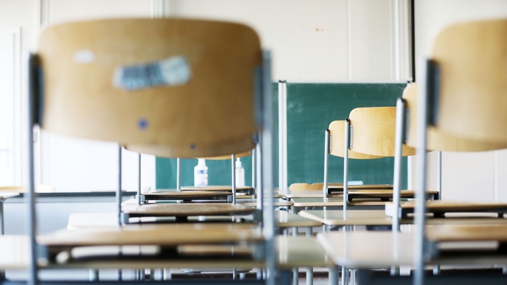 Stühle sind in einem leeren Klassenraum hochgestellt.