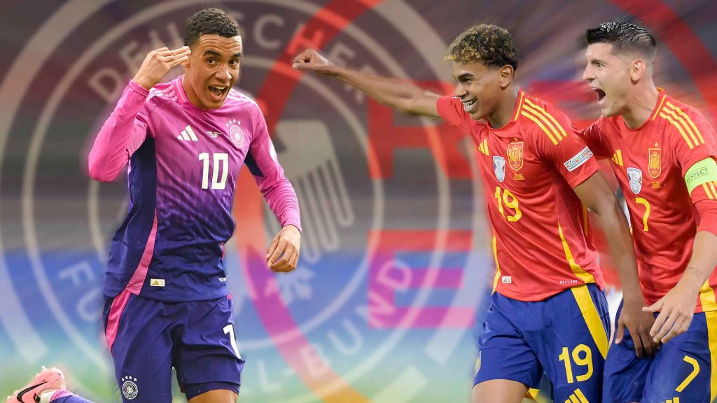 FOTOMONTAGE:Vorschau zum EM Viertelfinale Spanien - Wer darf jubeln:Jamal MUSIALA (GER) oder Yamal LAMINE (ESP),Alvaro MORATA (ESP), Fussball 