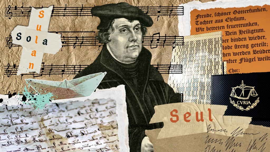 Eine Collage mit einer Zeichnung von Reformator Martin Luther, den Noten von “Freude schöner Götterfunken” mit dazugehörigem Text, Textfragmenten, dem europäischen Gerichtshof und einem Papierschiffchen. 