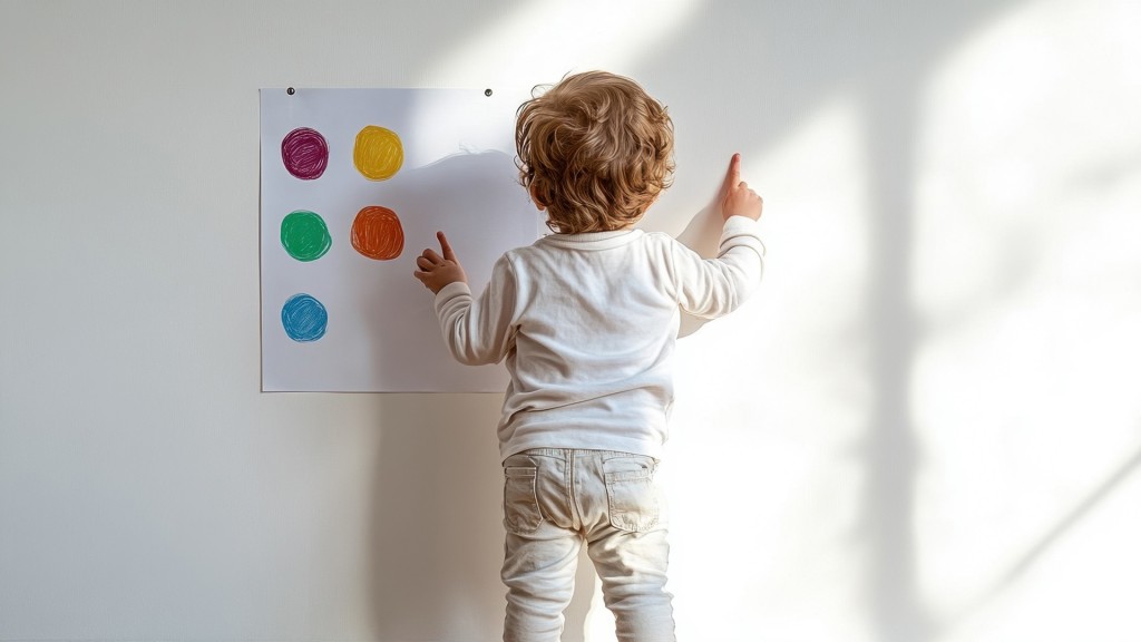 Ein Kind steht an einer Wand mit bunten Punkten und spielt mit seinem Schatten