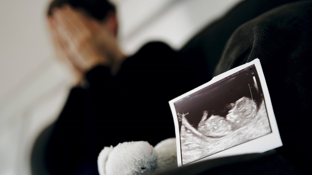 Das Ultraschallbild eines ungeborenen Kindes steht neben einem Kuscheltier waehrend eine Frau im Hintergrund ihr Gesicht in ihren Händen verbirgt. 