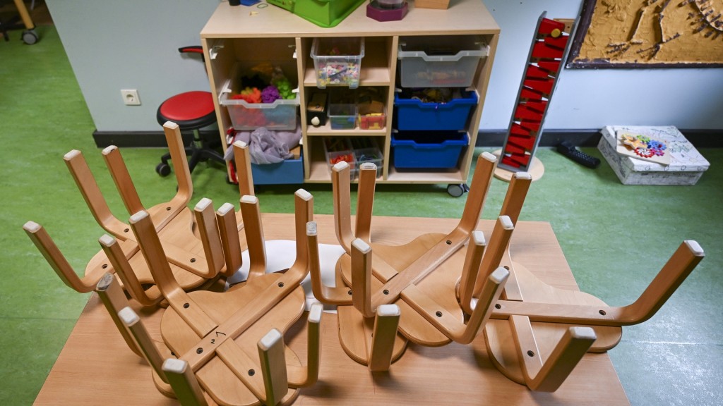 In einer Kita stehen die Stühle umgedreht auf einem Tisch