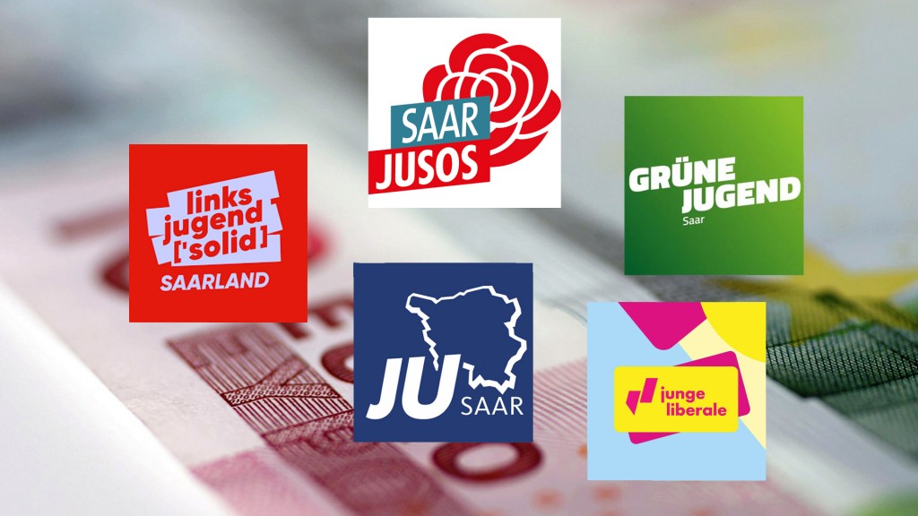 Logos der Jugendorganisationen der Parteien. Euronote im Hintergrund