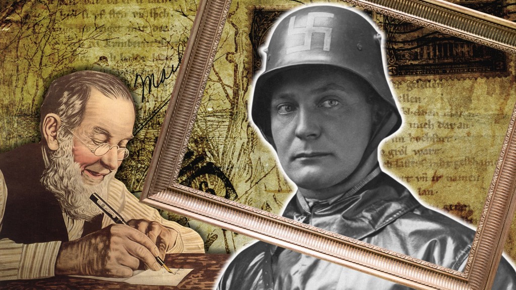 Das Bild zeigt eine Collage: Rechts in einem schiefen goldenen Bilderrahmen befindet sich eine schwarz-weiße Fotografie von Hermann Göring, links ein älterer, freundlicher Herr, der einen Brief schreibt. Im Hintergrund sieht man einen handgeschriebenen