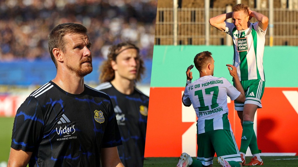 Bildcollage: Manuel Zeitz und Tim Civeja vom FC Saarbrücken, Justin Petermann und Markus Mendler vom FC Homburg