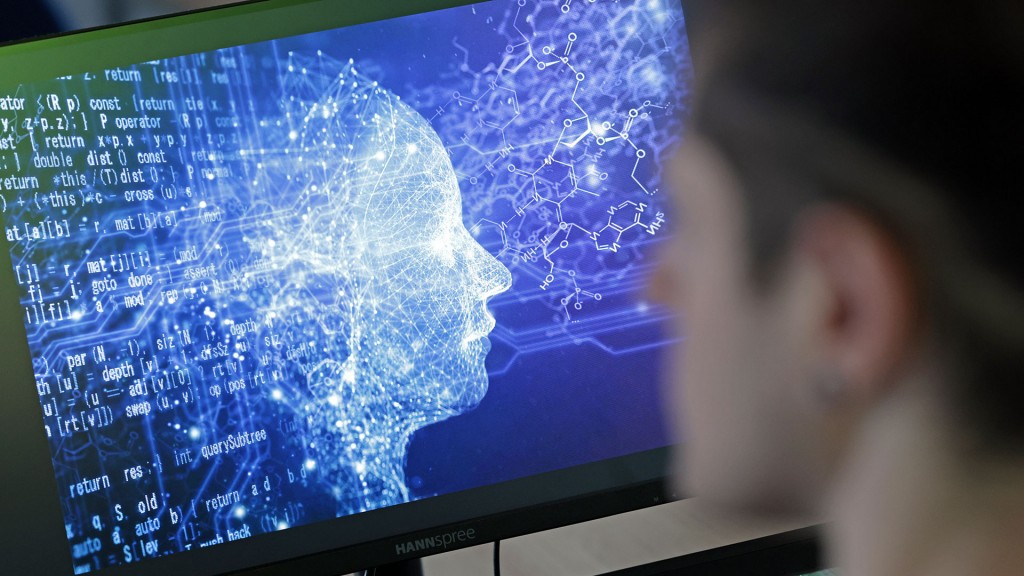 Jemand blickt auf eine symbolische Manifestation einer künstlichen Intelligenz auf einem Computerbildschirm