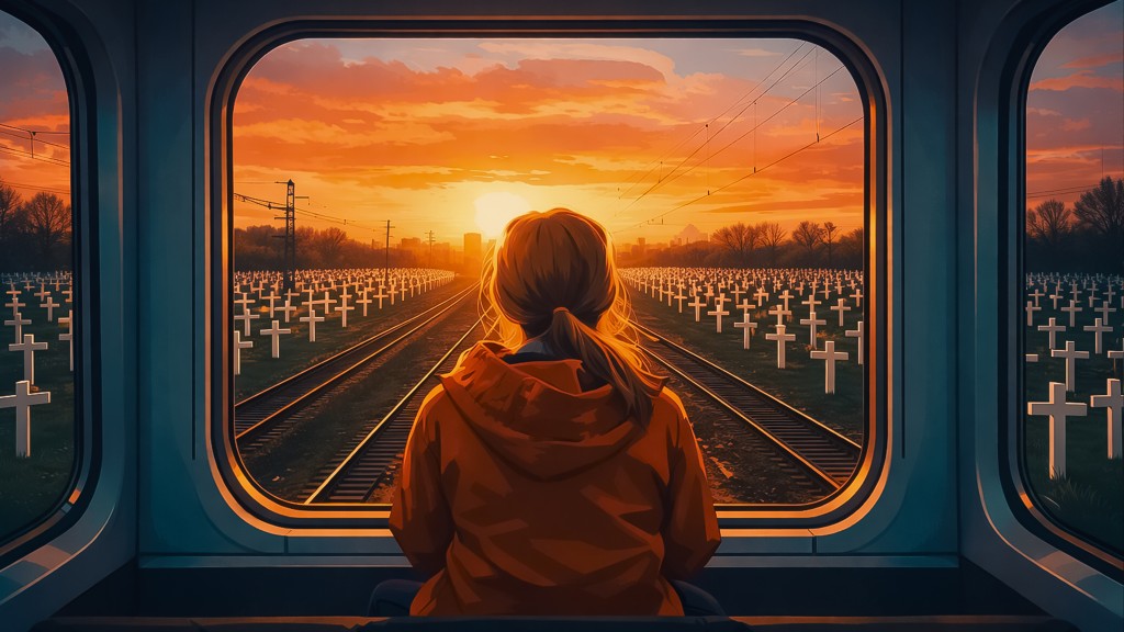 Eine Person im Zug blickt bei Sonnenuntergang auf Gleise und ein Feld voller Kreuze. 