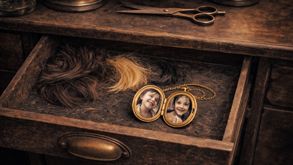 Eine offene Holzschublade mit Haarsträhnen, Schere und goldenem Medaillon