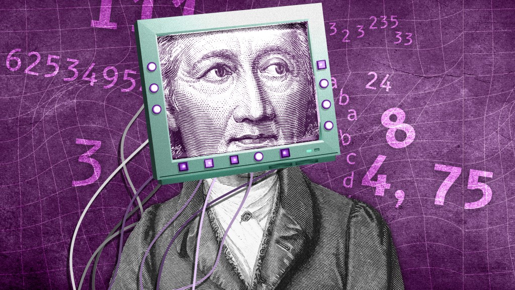 Illustration eines historischen Porträts von Johann Wolfgang von Goethe, dessen Kopf als Bildschirm dargestellt ist; violetter Hintergrund mit Zahlen und Buchstaben.