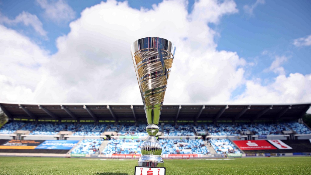Die Trophäe des Saarlandpokal steht auf dem Fußballrasen