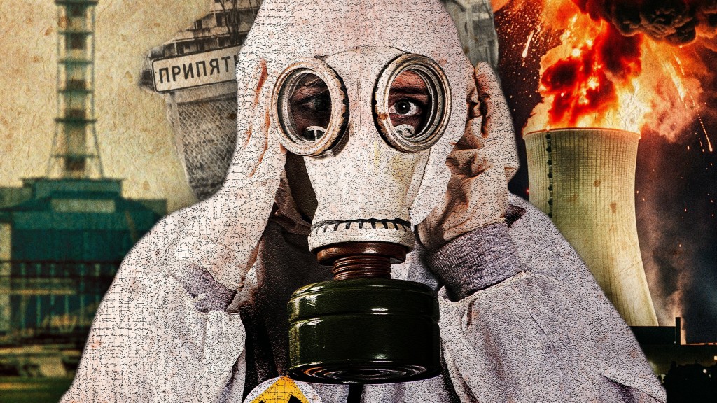 Im Zentrum steht eine Person mit Gasmaske und weißem Anzug. Im Hintergrund explodiert ein Kühlturm und es sind alte Fotos aus Tschernobyl zu sehen.