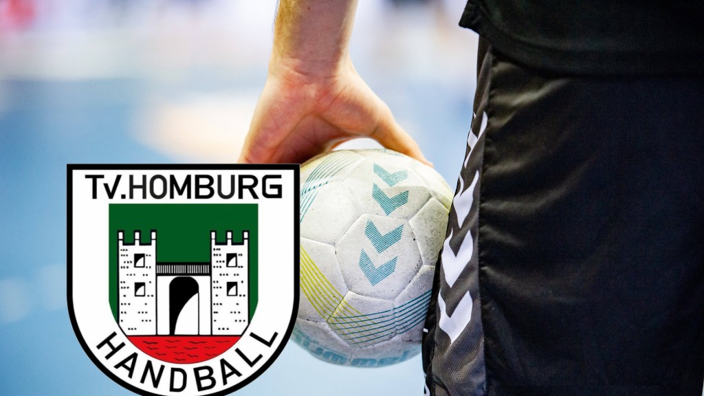 Bildcollage: Ein Handballspieler hält den Ball in der Hand. Daneben das Logo des TV Homburg.