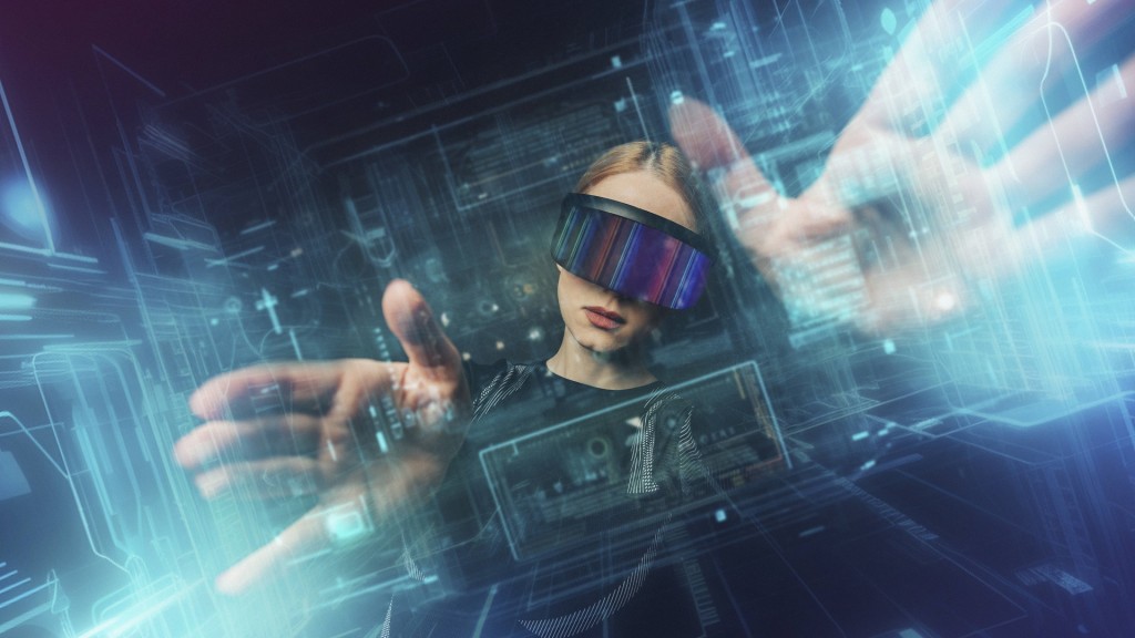 Eine Frau mit einer VR-Brille, die mit einem digitalen Schnittstellenmodell interagiert.