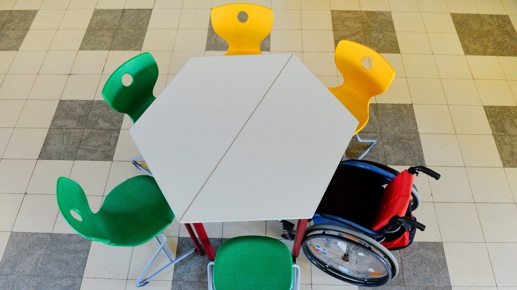 Symbolbild Inklusion. Ein Rollstuhl steht in der Kantine einer Schule am Tisch zwischen anderen Stühlen.