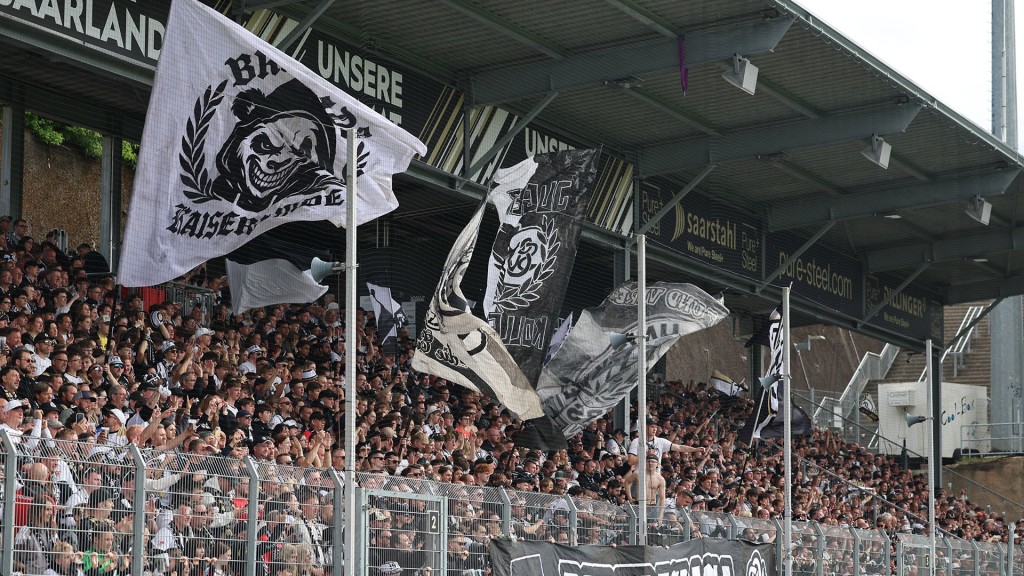SVE-Fans schauen ein Spiel zu, umgeben von wehenden Fahnen.