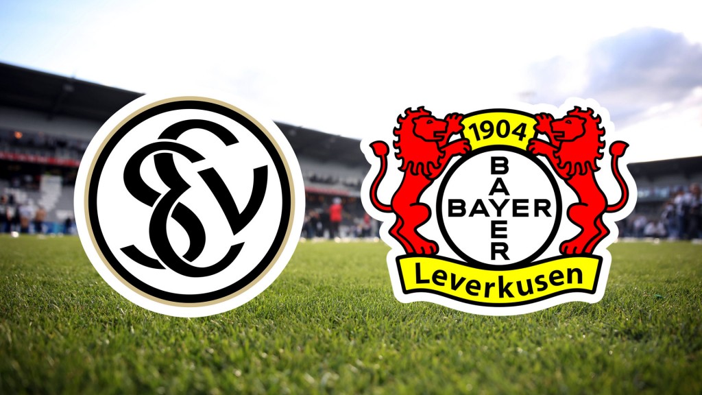 Foto: Bildcollage: Die Logos von SVE und Bayer Leverkusen auf dem Rasen des Fußballstadions an der Kaiserlinde