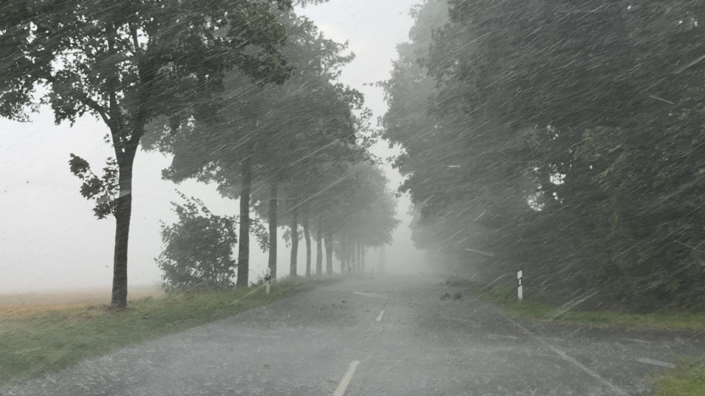 Foto: Starkregen peitscht über eine Landstraße