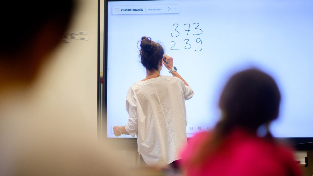 Foto: Lehrerin vor digitaler Schultafel