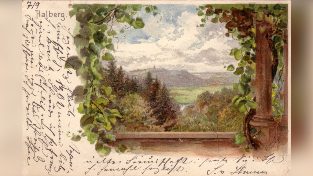 Auf einer Postkarte: Die Aussicht vom Halberg über die Saar in Richtung Frankreich. 