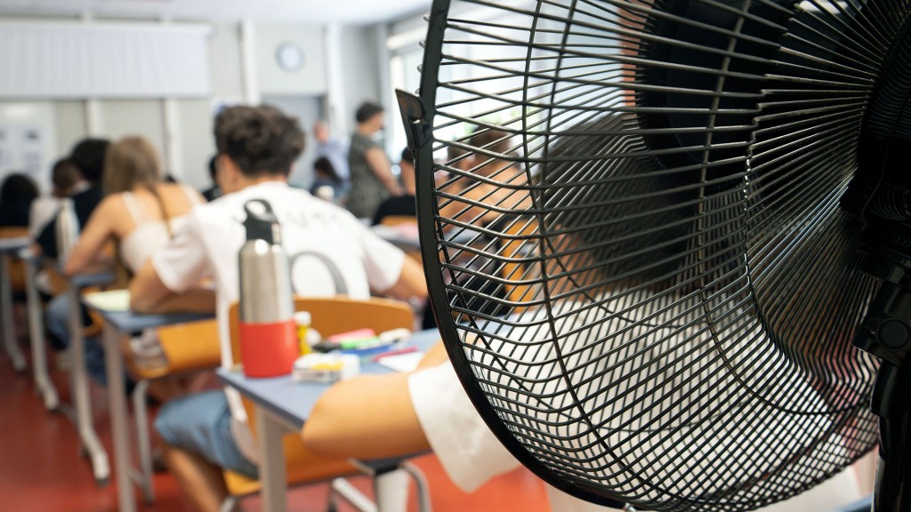 Foto: Ein Ventilator steht in einem Klassenraum