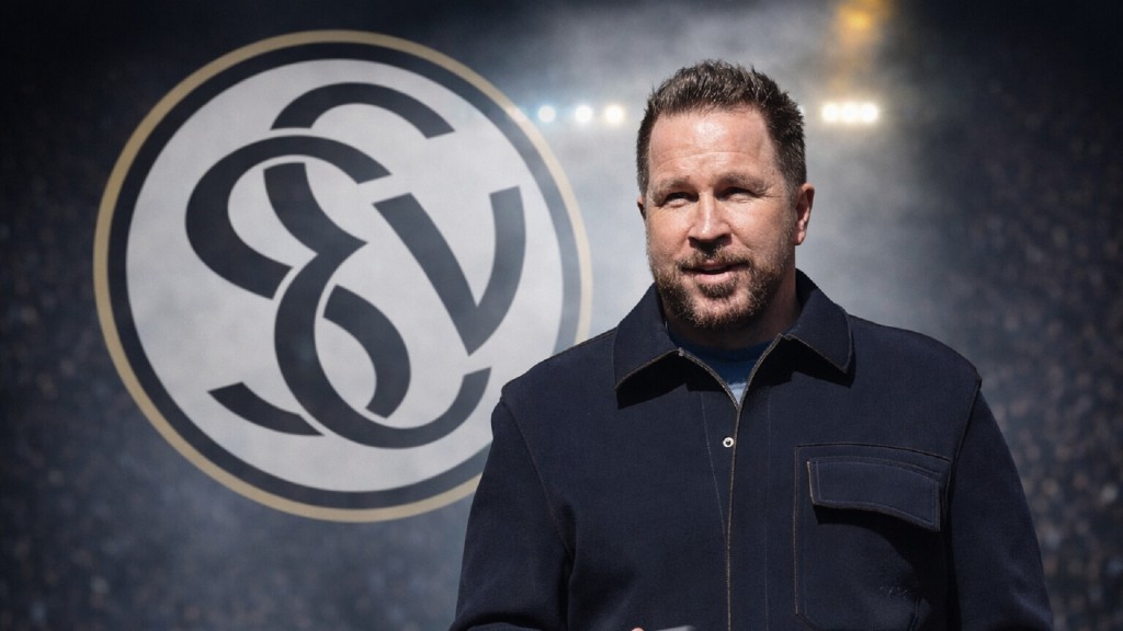 Foto: Christian Weber mit dem Logo der SVE im Hintergrund. Fotomontage.
