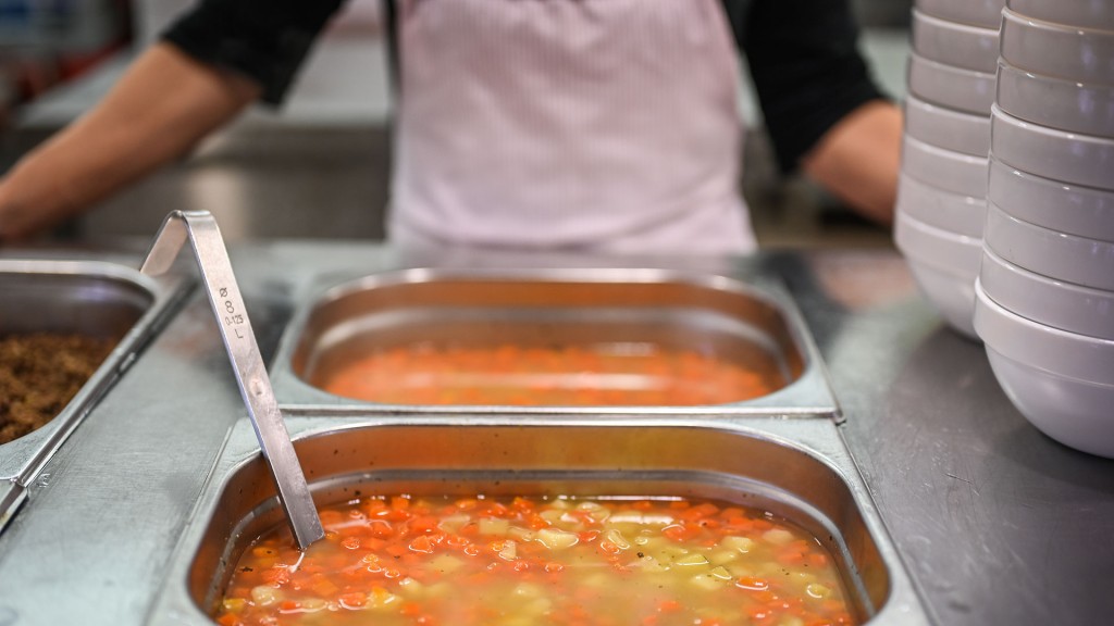Frau steht in der Kantine hinter einem Topf mit Möhrensuppe